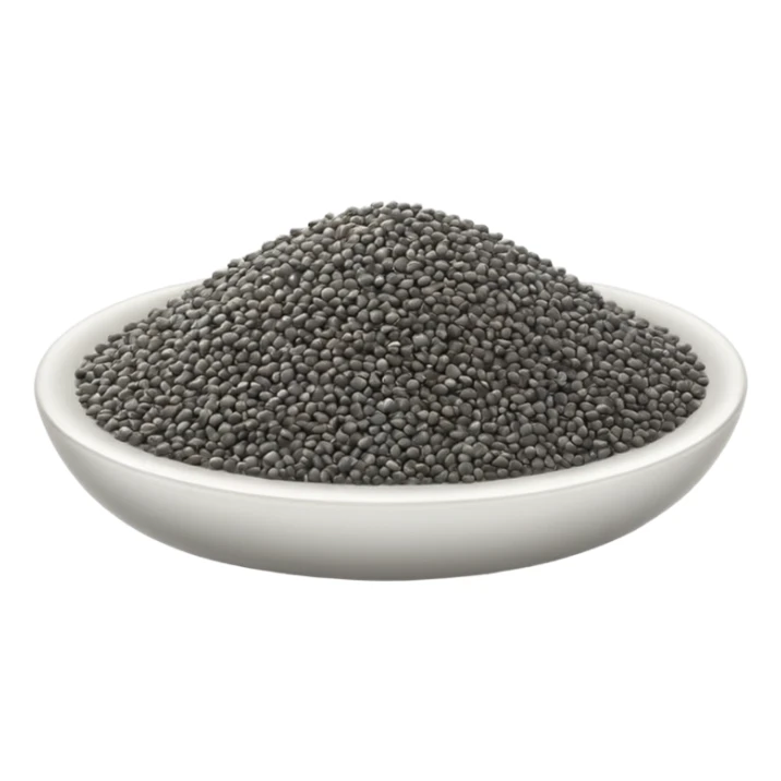chia seeds small scatter tiny oval black grey white smooth glossy light organic soft cluster no bowl spoon packaging or faces clean 3D soft shadows transparent background emoji scale sticker