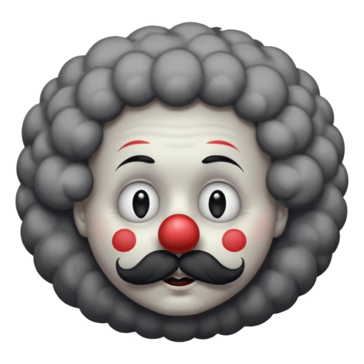 a melancholic clown character with a round gray face, half-closed sleepy eyes with long lashes, a big black round nose, and thick black mustache. Dark fluffy cloud-like hair on the sides of the head.  sticker