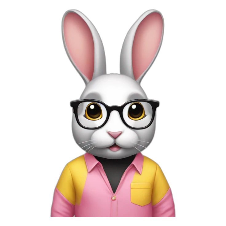 Specialist rabbit pink, glasses black, wears shirt yellow sticker