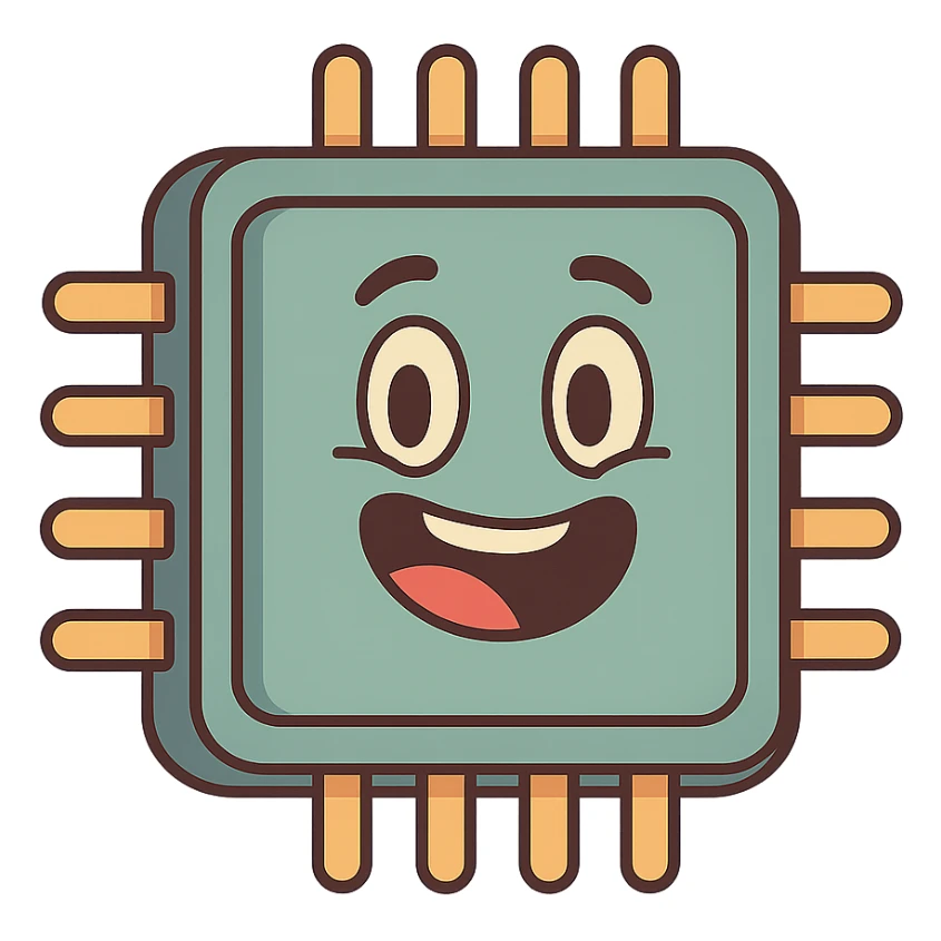 cartoon style CPU chip with smiling face, playful, bright colors sticker