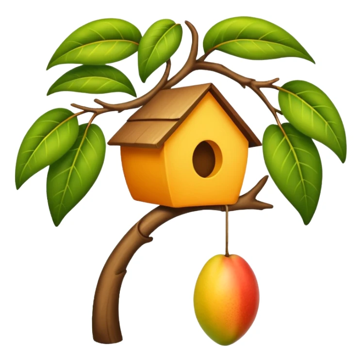 a hanging house on a mango tree branch with a bird beside it, simple and sweet emoji style sticker