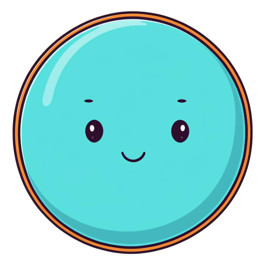 Uranus planet with pale cyan surface, tilted rings, and a friendly face sticker