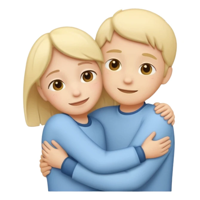 two simplified human characters hugging each other warmly, showing emotional support and friendship, gentle smiles, calm and safe mood, flat custom emoji sticker, soft pastel colors, rounded shapes, minimal details, mental health theme, thick outline, white background, no text sticker