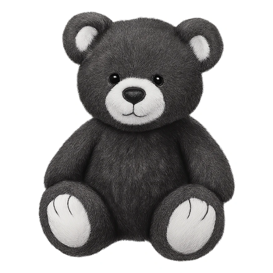 Change the teddy bear's fur to black and white, keep it soft and plush, no shadows, flat lighting, no background. The style should maintain the look of the original teddy bear image. sticker