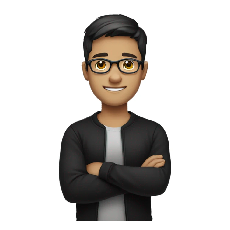 white young man with a friendly, confident smile. He has short dark hair and is wearing round glasses. He's dressed in a plain black t-shirt and has his arms crossed sticker