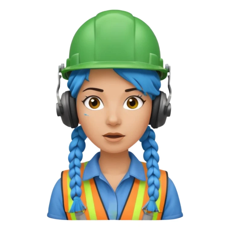 surprised construction worker blue braided haired woman wearing green helmet and headphones sticker