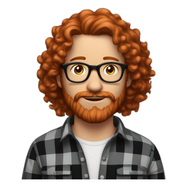 man. around 25. redhead. curly hair. with beard and glasses. black and scarlet checked shirt sticker
