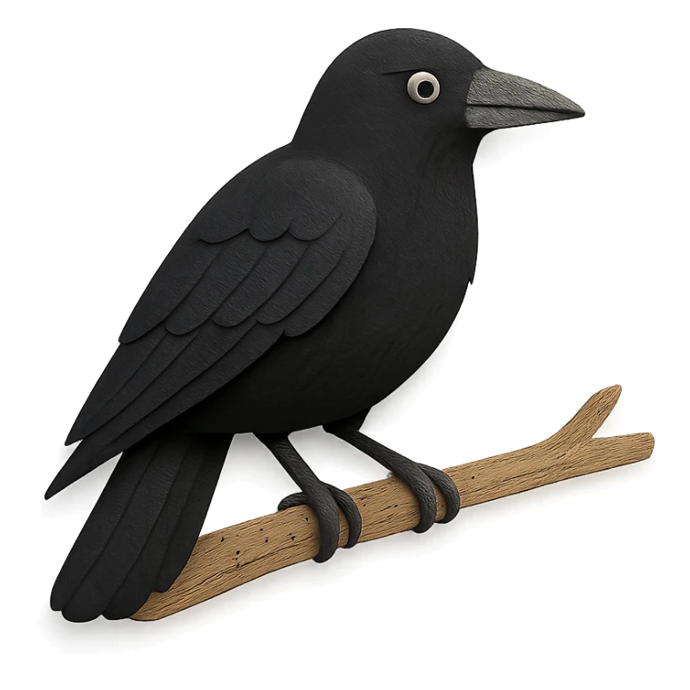 close-up of an American Crow perched on a tree branch, fine paper edges, expressive eye, black plumage sticker