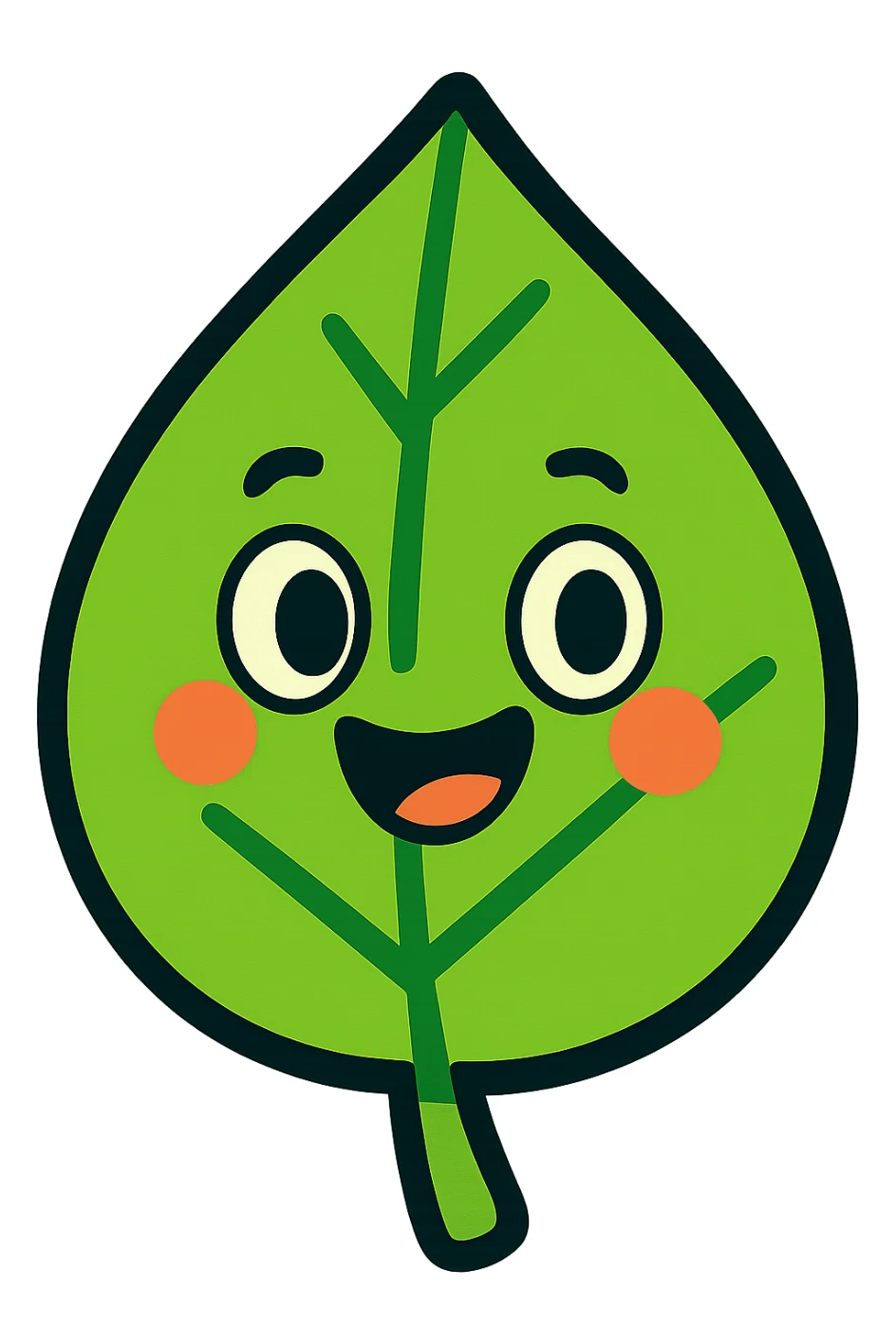 stylized cartoon leaf, bright green, with bold outlines and a cheerful expression sticker