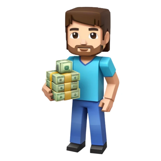 emoji style icon, minecraft blocky character holding a stack of money, pixel art style, bright colors, simple background, 3D glossy emoji, centered composition, soft shadow, high detail, clean outline, white background sticker