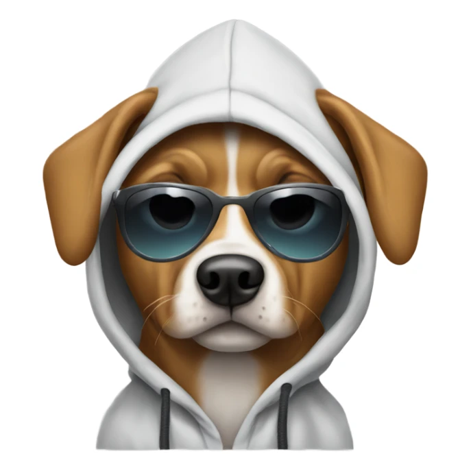 Dog wearing sunglasses and a hoodie sticker