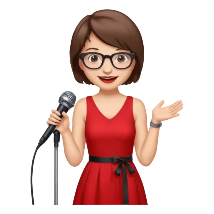 singer, Old, brown short hair, holding mic, red dress, glasses sticker