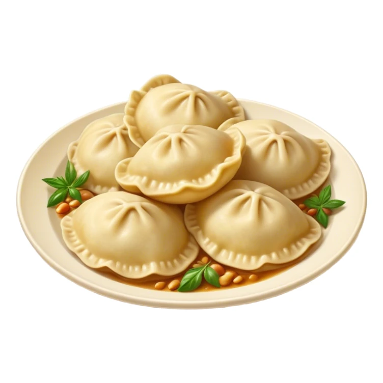 Cinematic Realistic Pierogi Dish Emoji, depicted as tender dumplings filled with savory ingredients rendered with lifelike textures and warm, inviting lighting. sticker