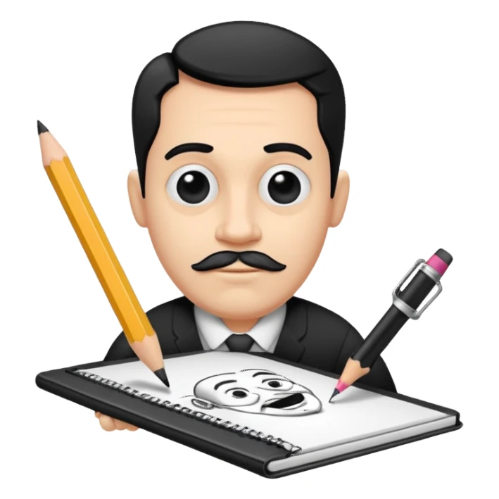 Create an icon representing the process of creating a black-and-white caricature. Include a pencil, a sketchpad with a humorous, exaggerated figure, and inking tools. Use bold lines and shading, with a transparent background. sticker