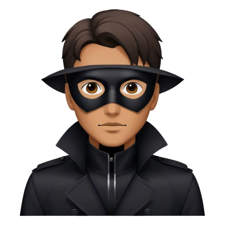 man with a black trench coat and a black geometric mask sticker