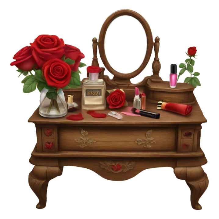 Old wood vanity with red roses vintage makeup and perfume  sticker