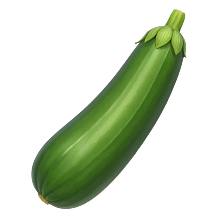 single zucchini, elongated and slightly curved, smooth dark green skin, light striations, stem end, fresh and raw, glossy, 3D-rendered, minimal, no faces, transparent background sticker
