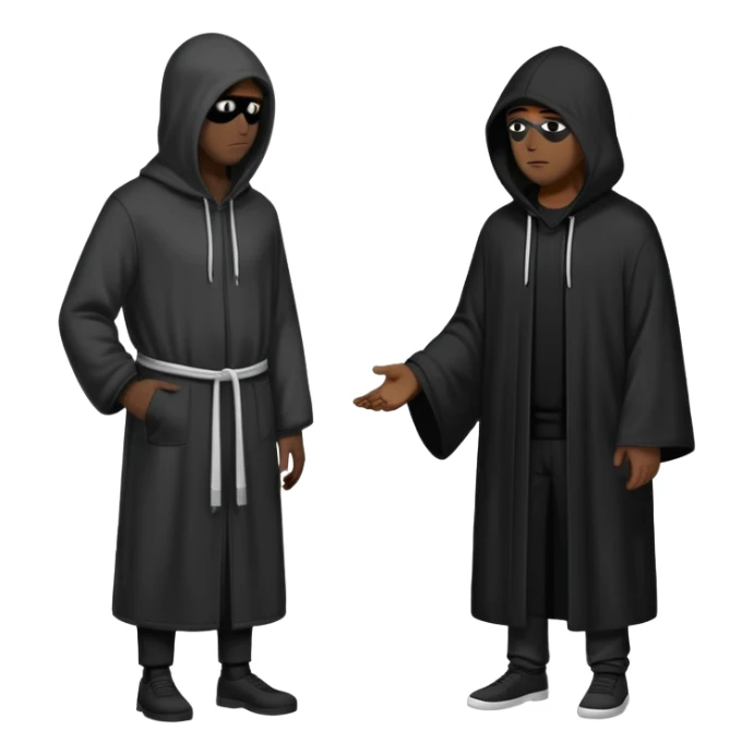 Tall black hooded figure with one eye showing, wearing a full black robe, standing indoors talking to a man in a black cap and ho sticker