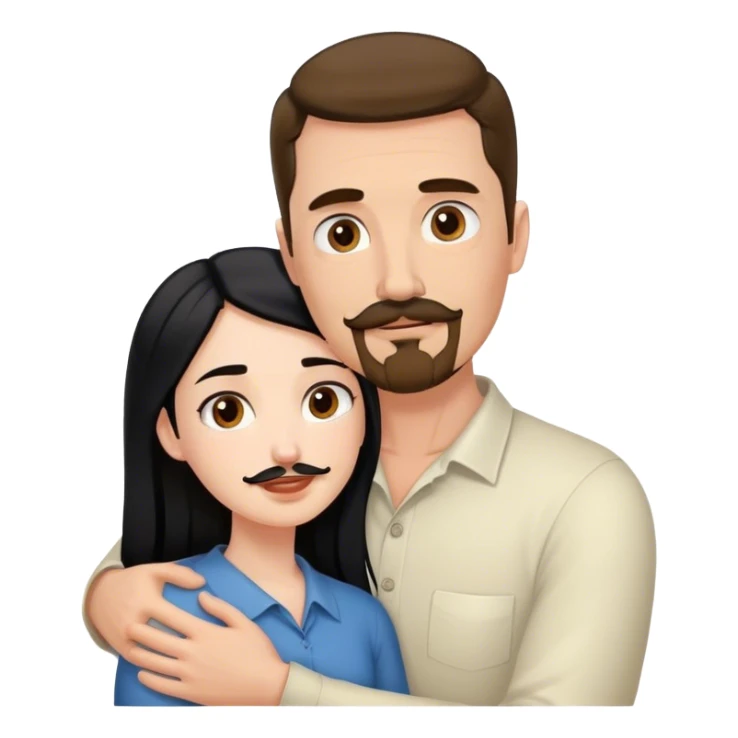 Tall white man with brown mustache and goatee hugging a short pale woman with long black hair sticker