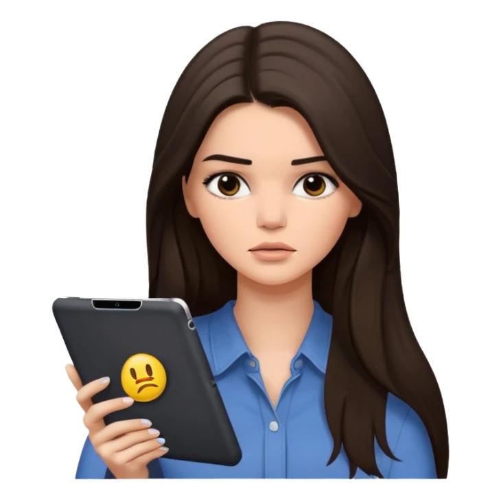 bored and sad brunette  Kendall Jenner with long hair holding iPad emoji sticker