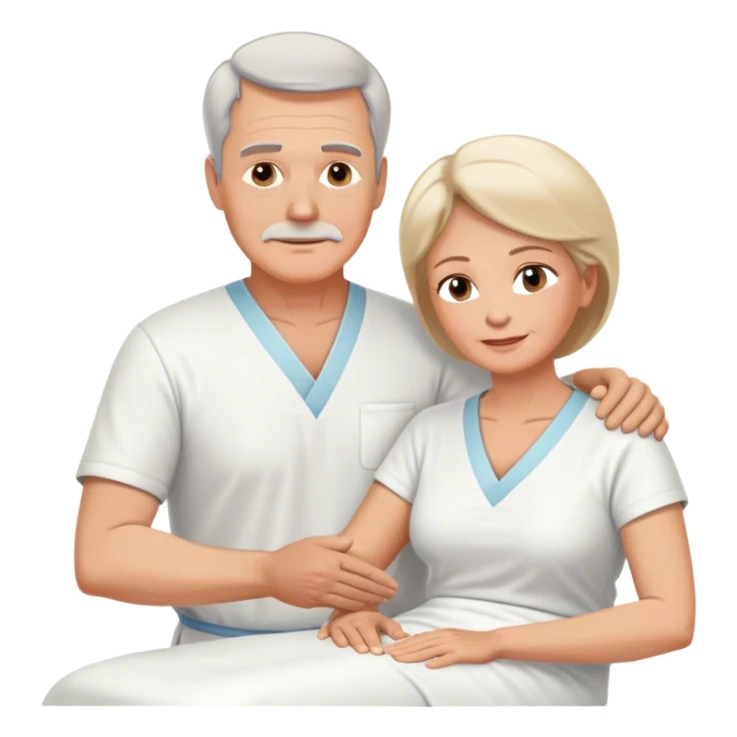 60-year-old white man dressed in white tunic giving massage to a 60-year-old white woman sticker