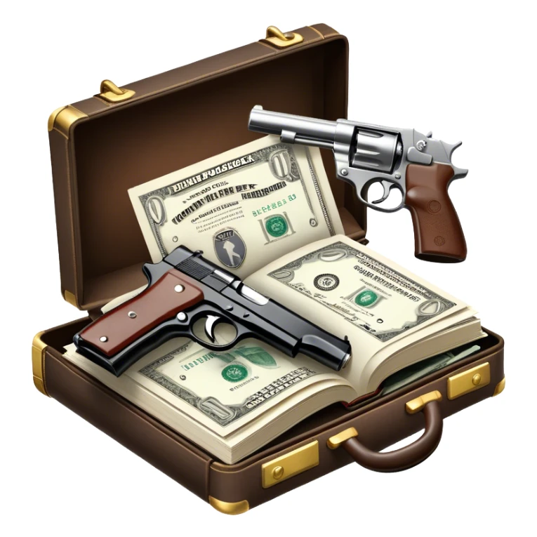 Icon for Action & Crime Reading: open book with text and picture, with a silhouette of a gun, a bag of money, and a police badge on the pages. Surrounding elements include a pair of handcuffs, a briefcase, and scattered bullet casings. Transparent background. sticker