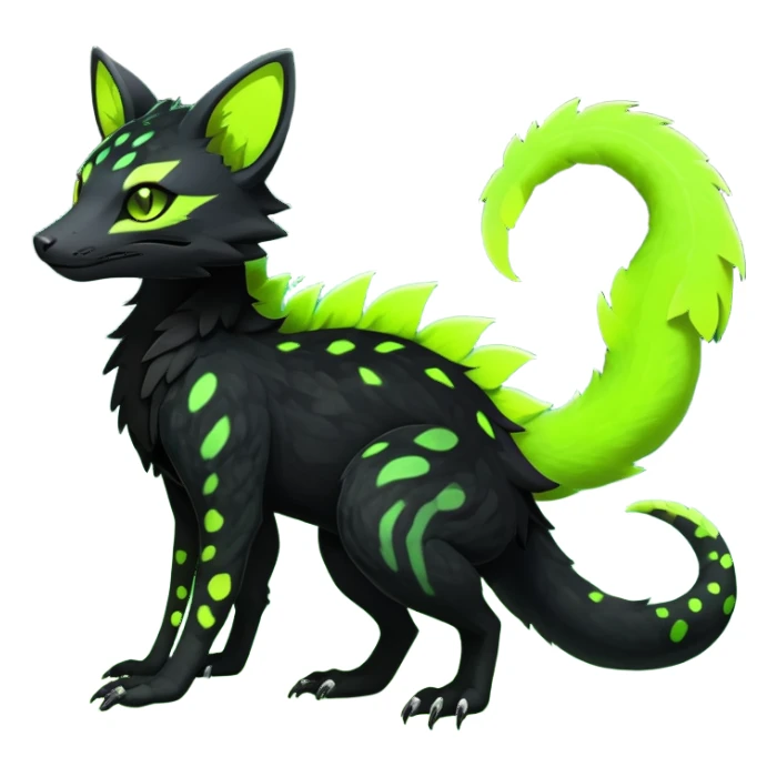 Rare realistic black edgy toxic radioactive-themed black fur with neon-lime-green-glowing  epic handsome gorgeous aesthetic vibrant Vernid-Trico-Genet-Salandit-species-hybrid-Fakemon-creature by LiLaiRa, 4 legs, 1 tail, random markings, (full body) sticker