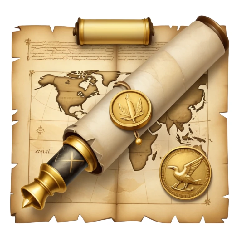 An icon featuring an ancient scroll, a quill, and a historical artifact like a shield or coin. The design includes a backdrop of old maps and timelines, symbolizing the study of past events and civilizations. Transparent background highlights the exploration of history. sticker