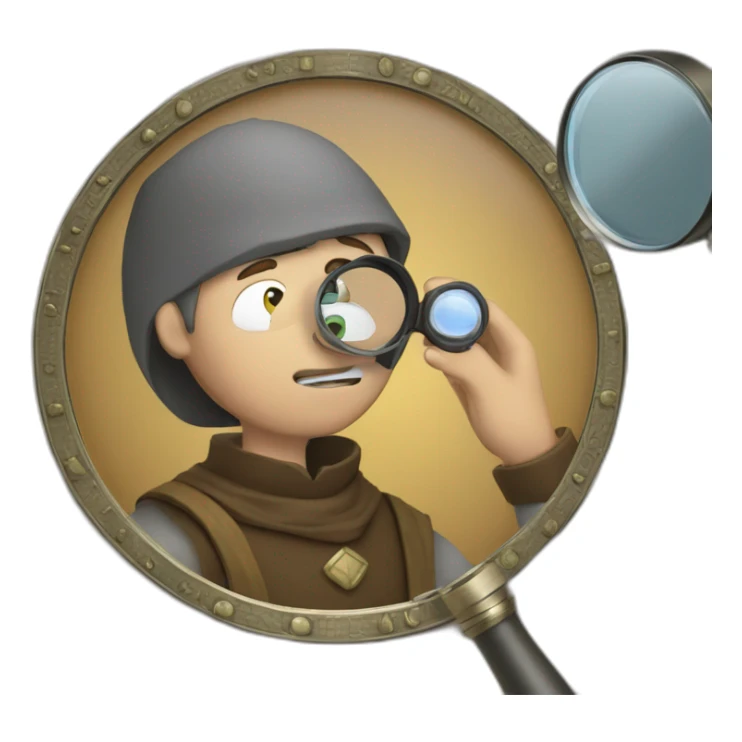 medieval coin collector, looking at a coin with a magnifying lense sticker
