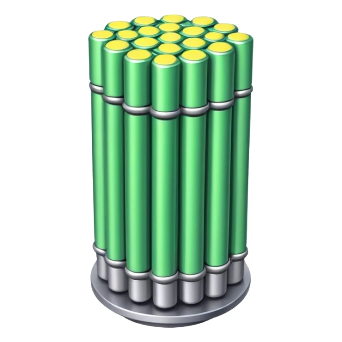 A bundle of uranium fuel rods used in a nuclear reactor, with a metallic structure and cylindrical rods, arranged in a hexagonal grid, futuristic and industrial style sticker