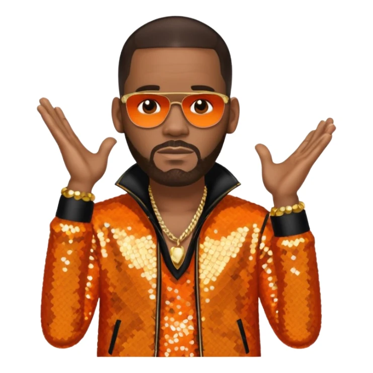 R. Kelly with dark brown hair, orange sequin outfit sticker
