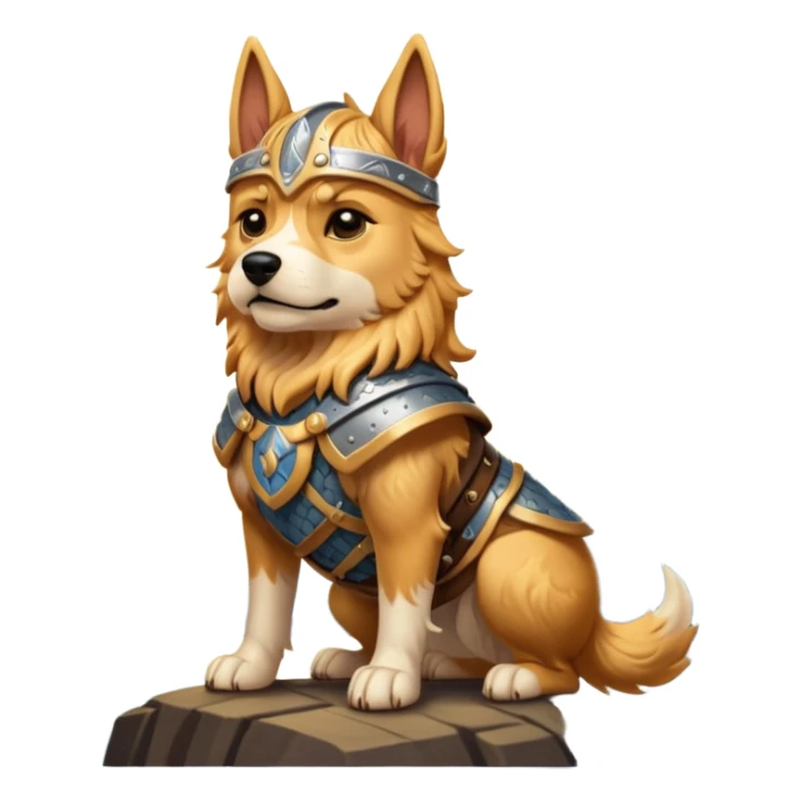 valorous Viking dog in Valhalla, detailed armor, heroic pose, glowing sky sticker