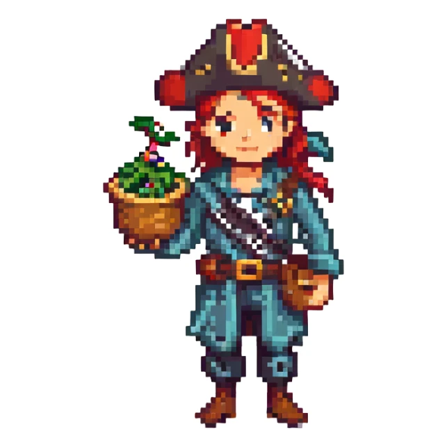 a pirate holding a treasure map, pixel art style sticker