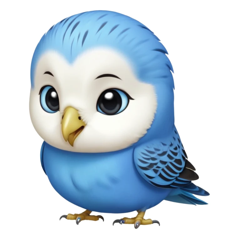 cinematic-cute-blue-budgie-portrait-emoji,-head-tilted-playfully-and-inquisitively,-featuring-a-brilliant-blue-feathered-fur-and white and black face-with-a-natural-sheen,-round,-sparkling-dark-eyes-filled-with-curiosity,-simplified-yet-irresistibly-adorable sticker