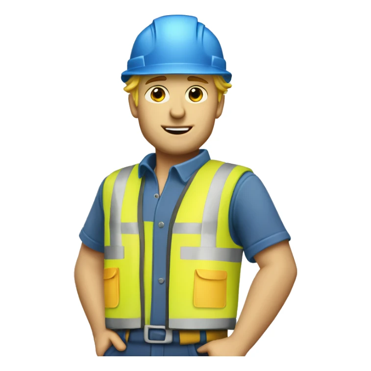 Blonde male Construction worker wearing a hat and blue work wear with small black curly dog  sticker