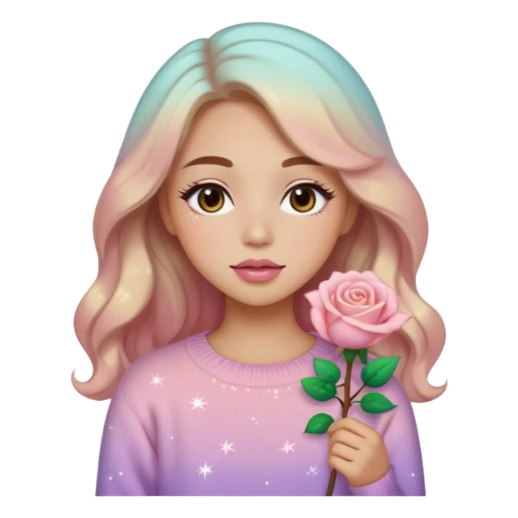 “Emoji girl, soft eyeliner, gradient rose lips, light brown shimmer eyeshadow, sparkly aegyo-sal, long wavy hair, cozy pastel sweater.” sticker
