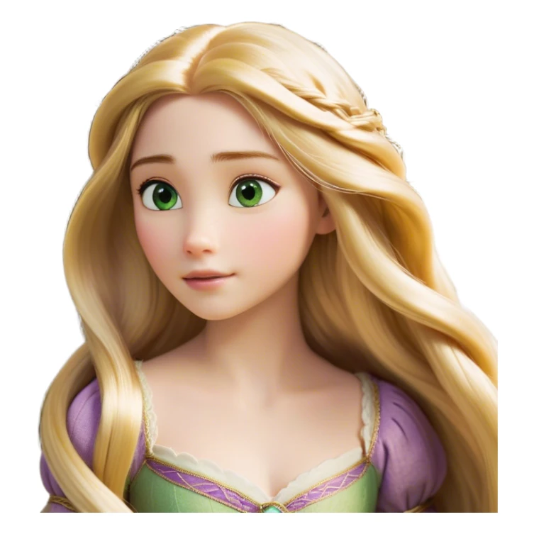 Cinematic Realistic Rapunzel Portrait, with porcelain-like skin featuring a subtle, natural glow, illuminated by soft lighting that brings out the gentle contours of her face. Her long, golden blonde hair cascades in detailed waves, each strand highlighted with a radiant shimmer as it catches the light. Her bright, expressive green eyes exude curiosity and warmth, framed by delicate lashes and soft, arched brows. Her expression is playful and vibrant, with a gentle smile. She is dressed in her classic lavender and pink gown, the fabric textured with delicate folds that flow naturally, catching the light with a soft, radiant glow. The portrait captures a luminous, enchanting aura, seamlessly blending realism with a whimsical, fairytale charm, evoking a timeless sense of beauty and magic. sticker
