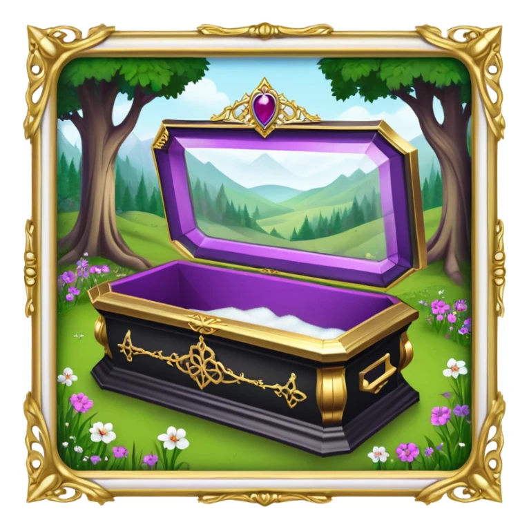 Snow White's coffin in the image is a highly symbolic piece, embodying both solemnity and fairytale charm. It is designed with a transparent glass lid, allowing a clear view of Snow White lying inside in her pure and untouched beauty. The frame around the lid and the base of the coffin is made of gold-colored metal, intricately carved in a Gothic style. Along the side of the coffin, the name “SNOW WHITE” is prominently displayed in ornate, medieval-style lettering, serving as an eternal tribute to the legendary character. The coffin is placed in a quiet forest clearing, resting on a bed of green grass and surrounded by clusters of colorful flowers—purple, pink, and white—which add a sacred and emotional atmosphere. The dwarfs stand nearby in silence, keeping watch and heightening the sense of reverence and sorrow. The entire design of the coffin harmoniously blends medieval artistry with mythical elements, honoring Snow White’s beauty while creating a legendary, fairytale-like setting. sticker