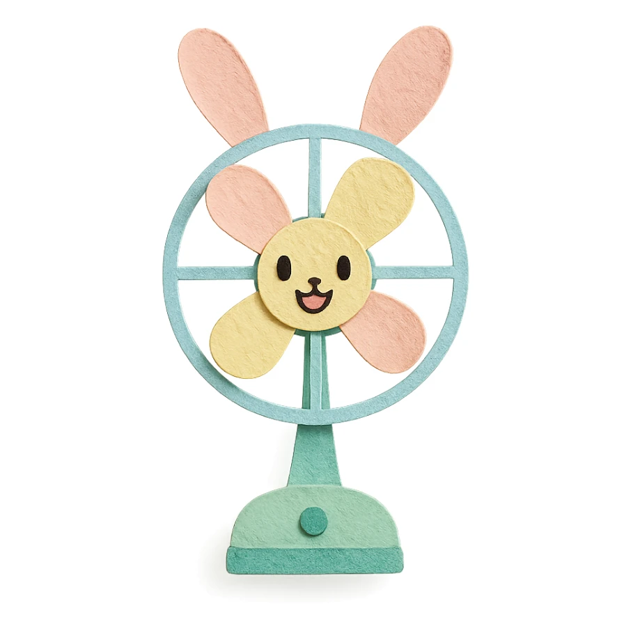 chibi electric fan shaped like a bunny, ears spinning as blades, cheerful face, pastel green, full-body sticker
