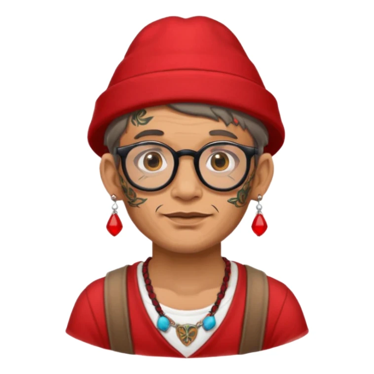 unique looking tourist with big unique red tourist hat and earrings, man with lots of tattoes and spectacles sticker