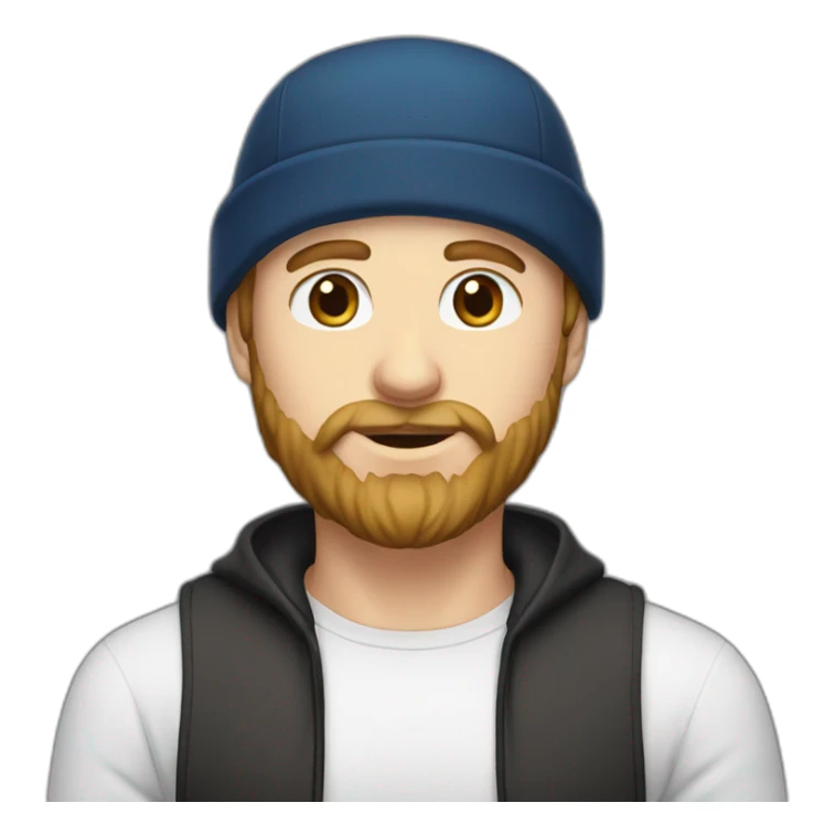 Guy with light brown hair, beard and blue eyes and a black bonnet sticker