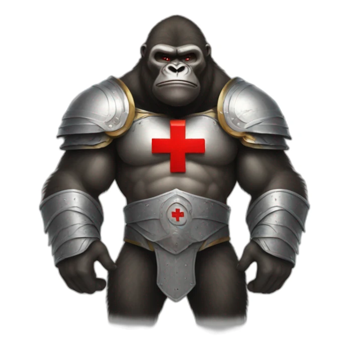 Buff Gorilla wearing a Crusader armor with the holy red Cross sticker