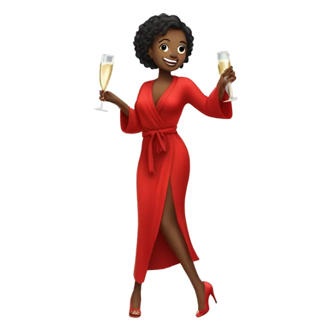 Girl in high heels and red robe dancing while holding champagne bottle sticker