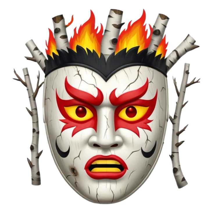 birch tree male mask in kokoshnik expressing anger, white, black and red palette, the texture has black marks, red fire at the top sticker