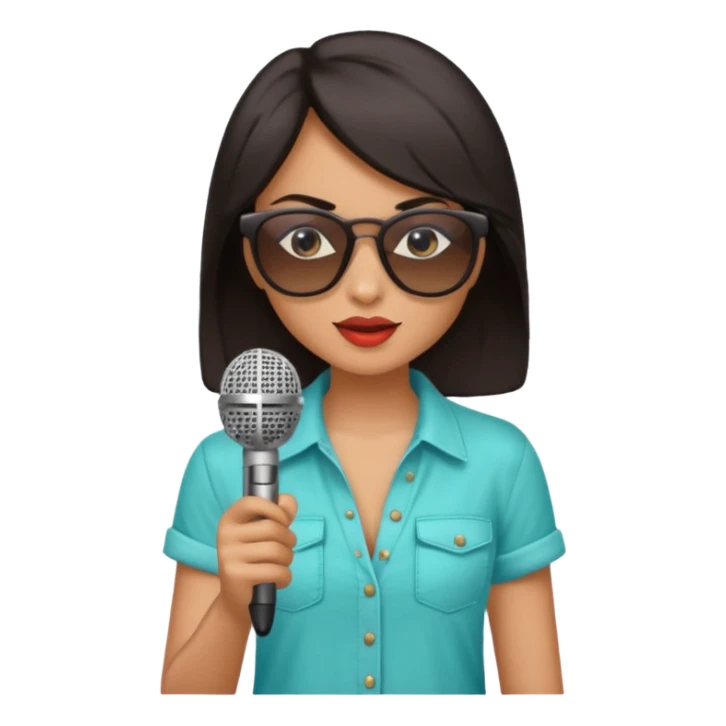 dark long haired woman with summer clothes and sun glasses holding microphone sticker
