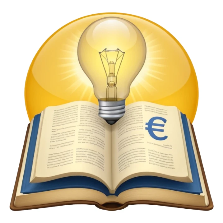 n open book with a glowing light bulb above it, symbolizing knowledge and learning. Next to the book, a coin or euro symbol representing a training budget. sticker
