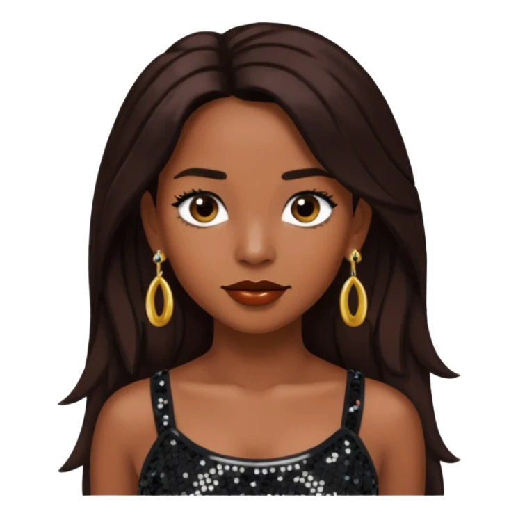 Chilli from TLC with long dark brown hair, black sequin crop top, black earring sticker
