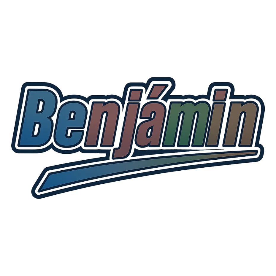 The name 'Benjámin' in a masculine, modern gradient font with precise Hungarian characters including long á and í, dark outline, extra thick, prominent white letter border, dynamic slanted underline, masculine gradient colors of blue, gray, burgundy, green, and brown, 1000x1000 px, PNG, transparent background. sticker