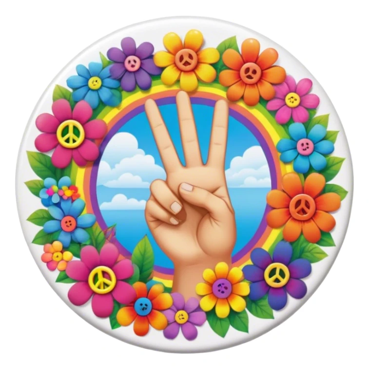 A round psychedelic colored button with a hand making the peace sign in the center surrounded by rainbow colored hippie style flowers sticker