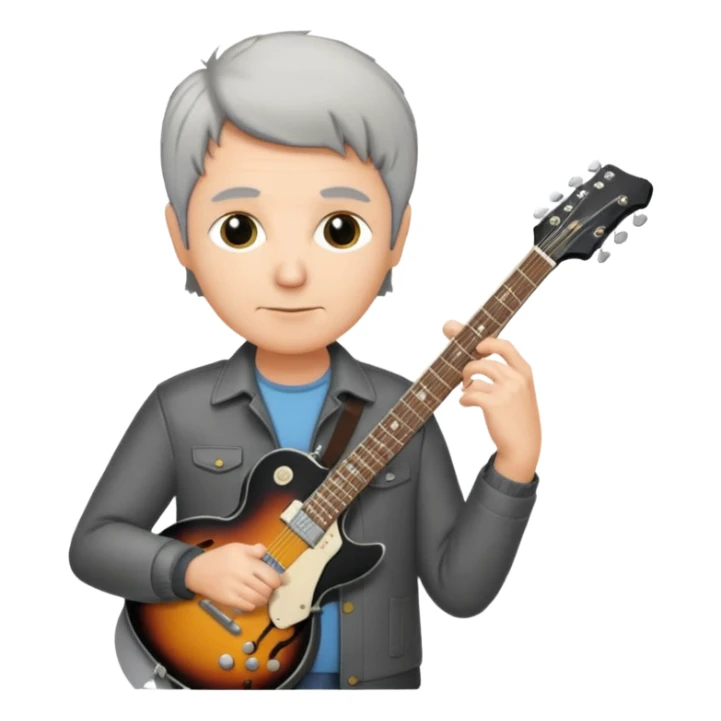 a short grey hair, middle age metal head with a classic epiphone eletric guitar sticker